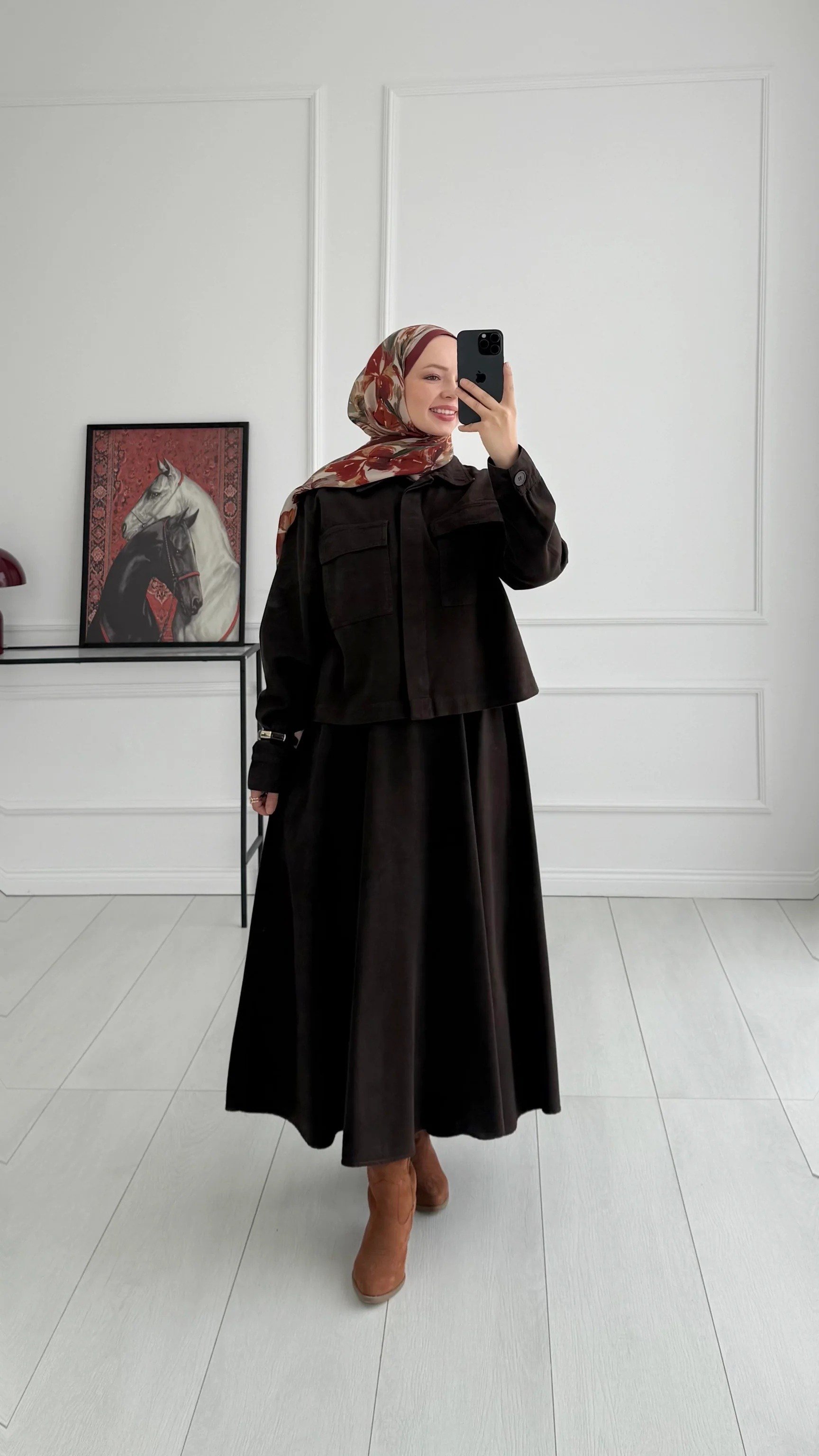 Kadın Gizli Düğmeli ve Kuşaklı Denim Etek Takım - Kahverengi