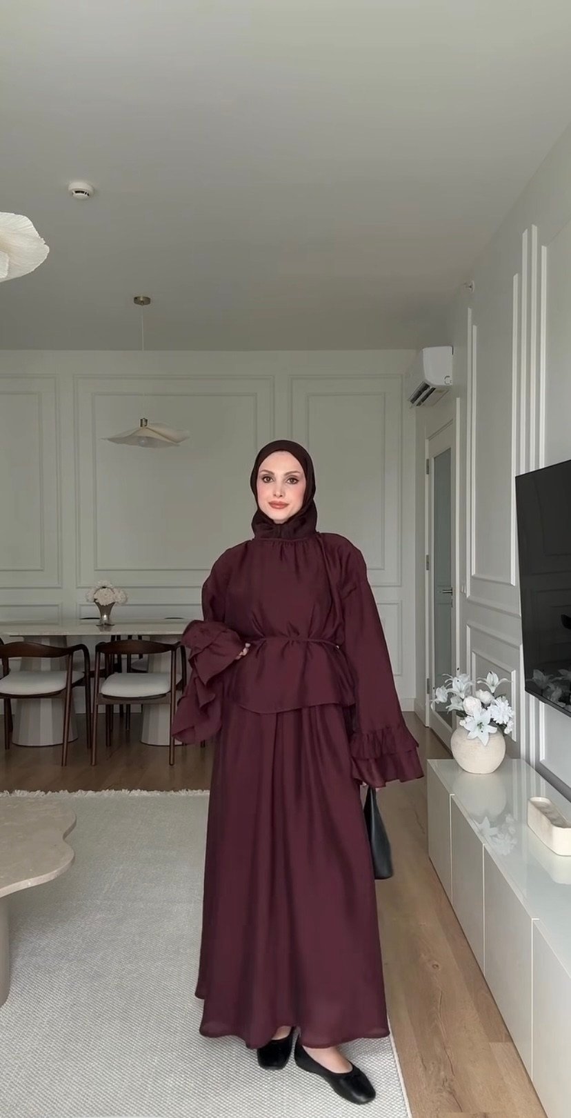 Kadın Kolu Fırfır Detaylı Belden Bağlamalı Etekli Takım M41675 - Mürdüm