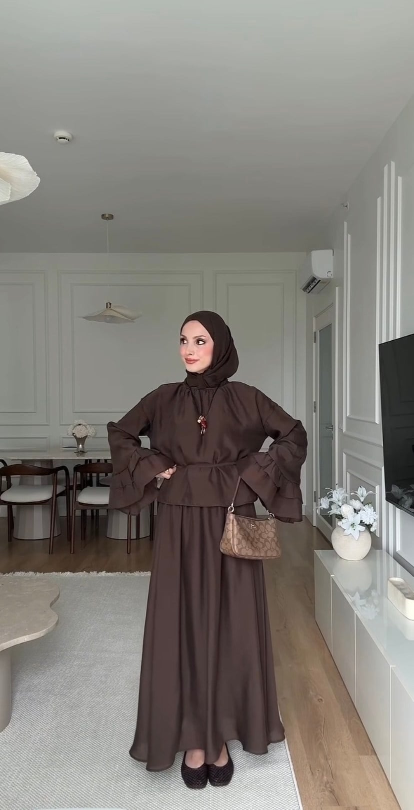 Kadın Kolu Fırfır Detaylı Belden Bağlamalı Etekli Takım M41675 - Kahverengi