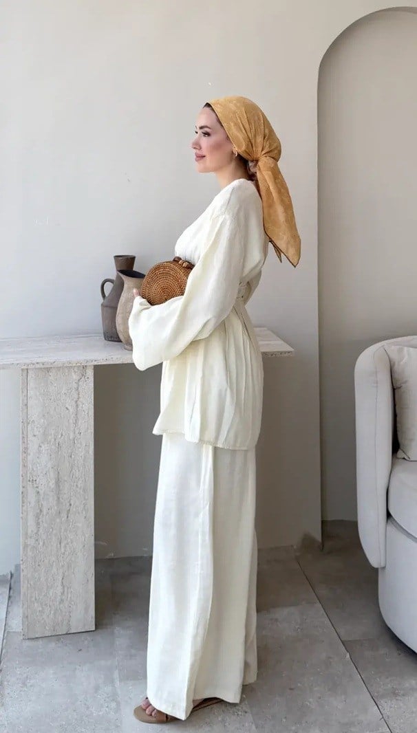 Kadın Modal  Bel Bağlamalı Tunik Pantolon Takım  M2672 - Sarı