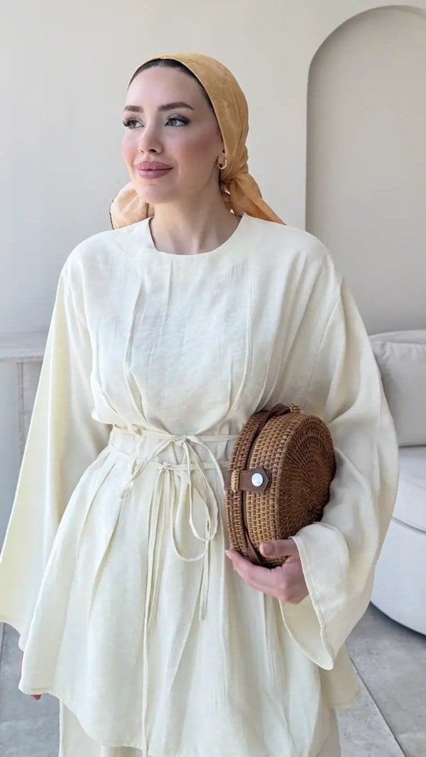 Kadın Modal  Bel Bağlamalı Tunik Pantolon Takım  M2672 - Sarı