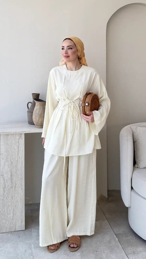 Kadın Modal  Bel Bağlamalı Tunik Pantolon Takım  M2672 - Sarı