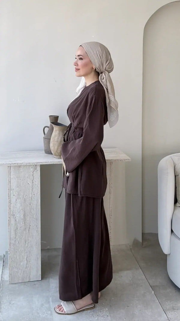 Kadın Modal  Bel Bağlamalı Tunik Pantolon Takım  M2672 - Kahverengi