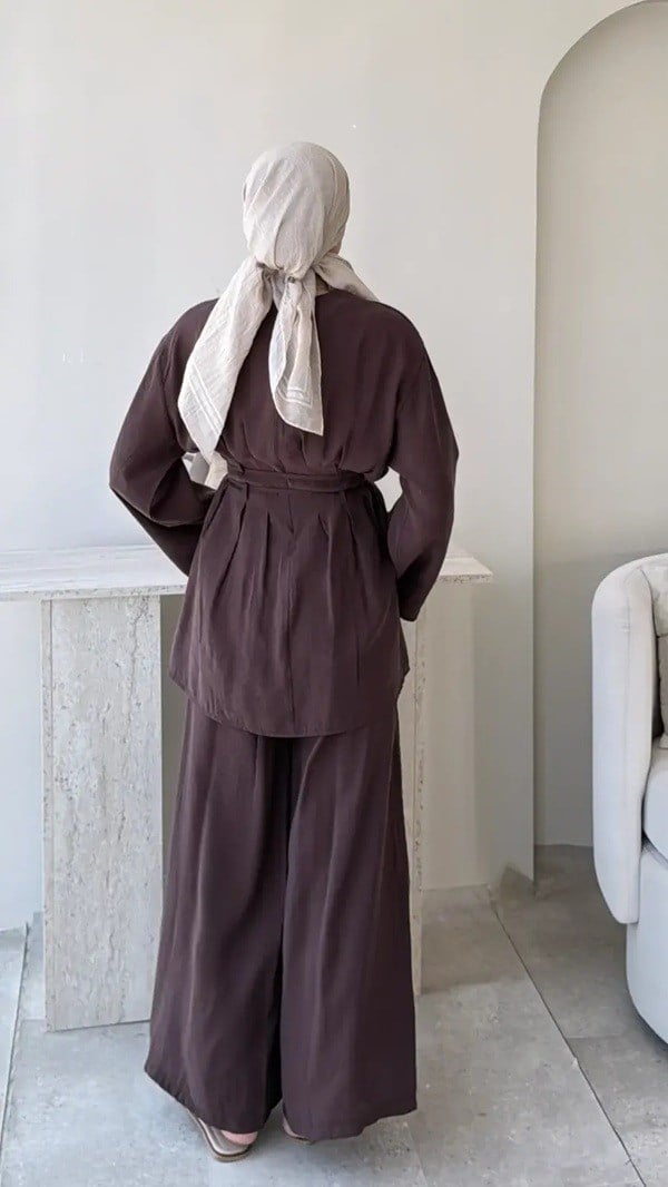 Kadın Modal  Bel Bağlamalı Tunik Pantolon Takım  M2672 - Kahverengi