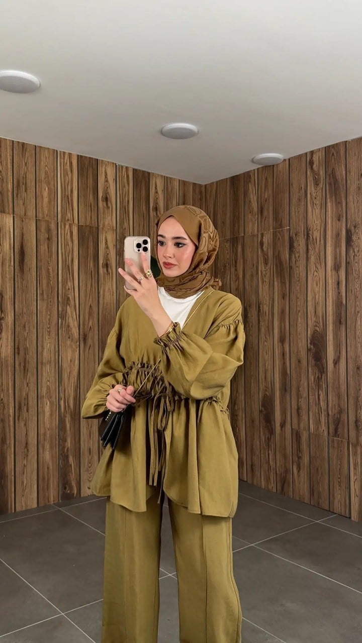 Kadın Önden Bağcıklı Kimono Pantolonlu Takım M61882 - Yağ Yeşili