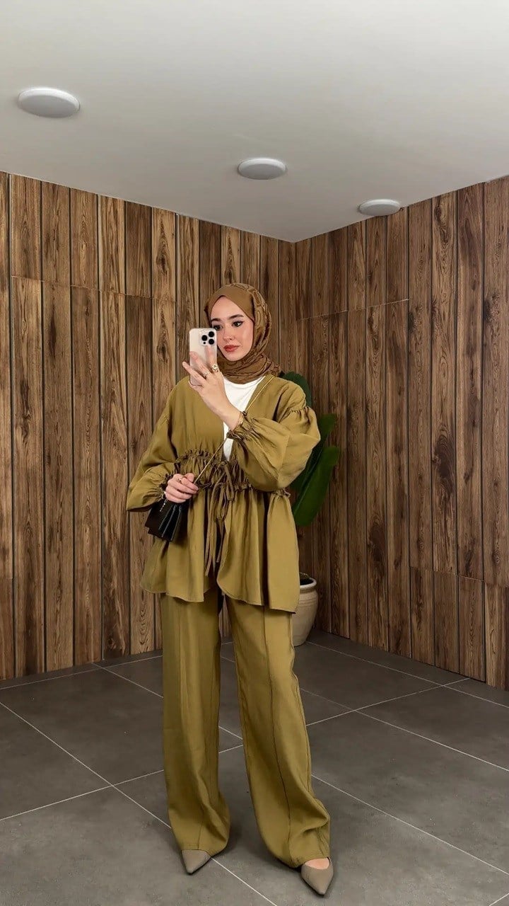 Kadın Önden Bağcıklı Kimono Pantolonlu Takım M61882 - Yağ Yeşili