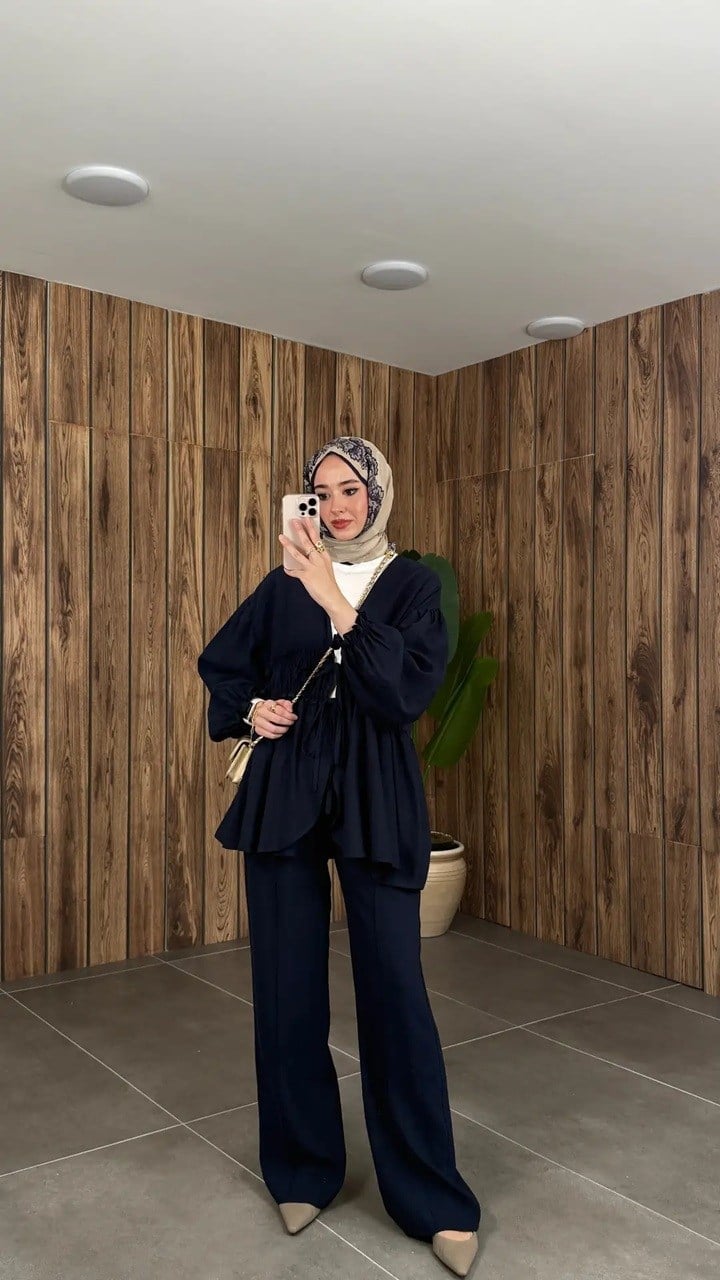 Kadın Önden Bağcıklı Kimono Pantolonlu Takım M61882 - Lacivert