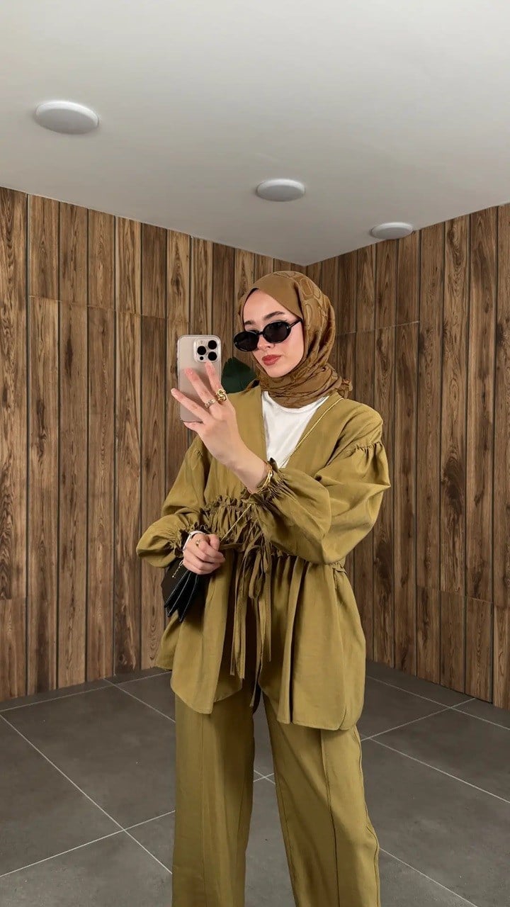 Kadın Önden Bağcıklı Kimono Pantolonlu Takım M61882 - Yağ Yeşili