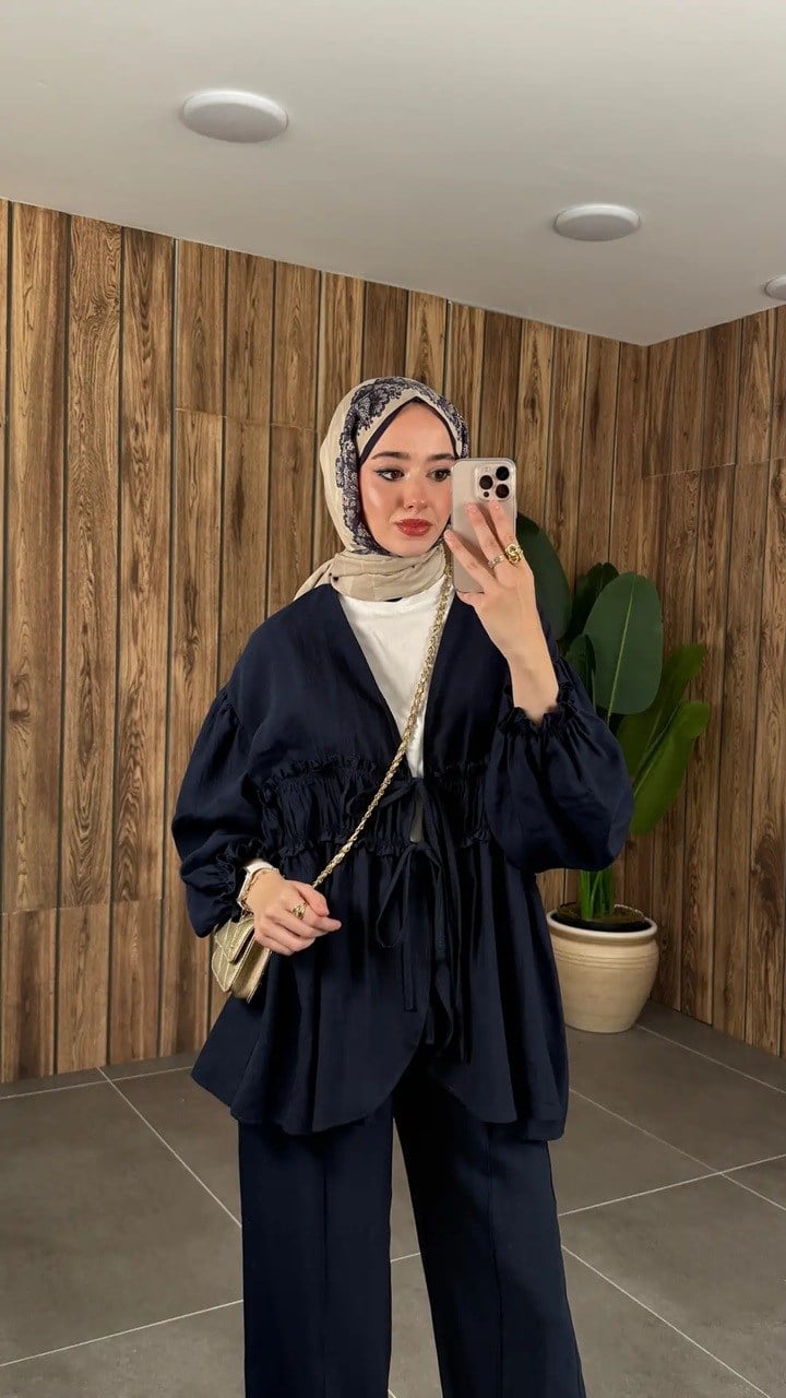 Kadın Önden Bağcıklı Kimono Pantolonlu Takım M61882 - Lacivert