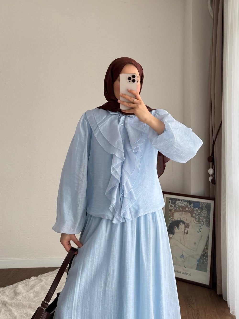 Kadın Önü Fırfırlı Modal Etekli Takım M2640 - Bebe Mavisi