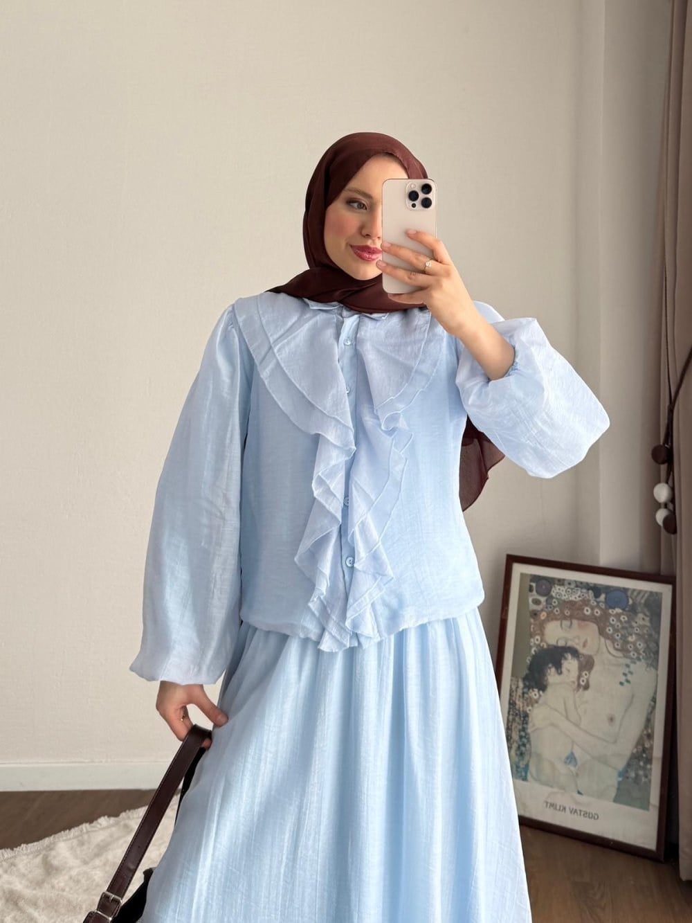 Kadın Önü Fırfırlı Modal Etekli Takım M2640 - Bebe Mavisi
