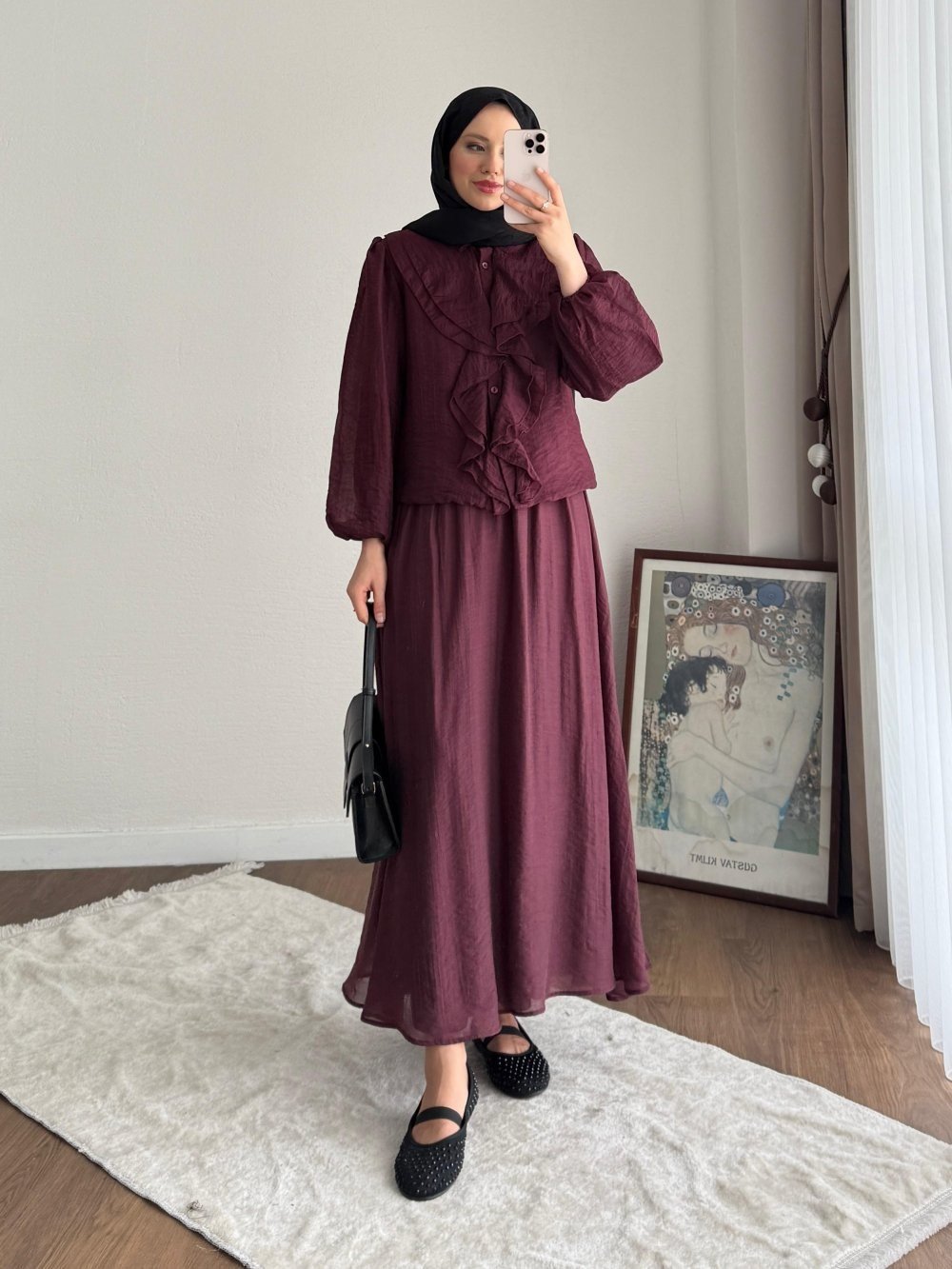 Kadın Önü Fırfırlı Modal Etekli Takım M2640 - Mürdüm