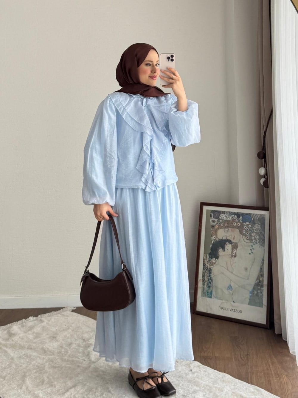 Kadın Önü Fırfırlı Modal Etekli Takım M2640 - Bebe Mavisi