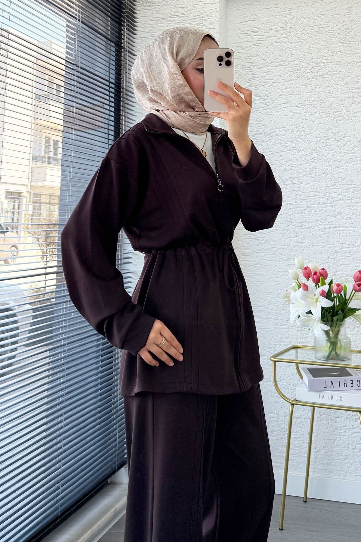 Kadın Premium Bel Büzgülü Nervürlü Detay Double Face Pantolon Takım - Kahverengi