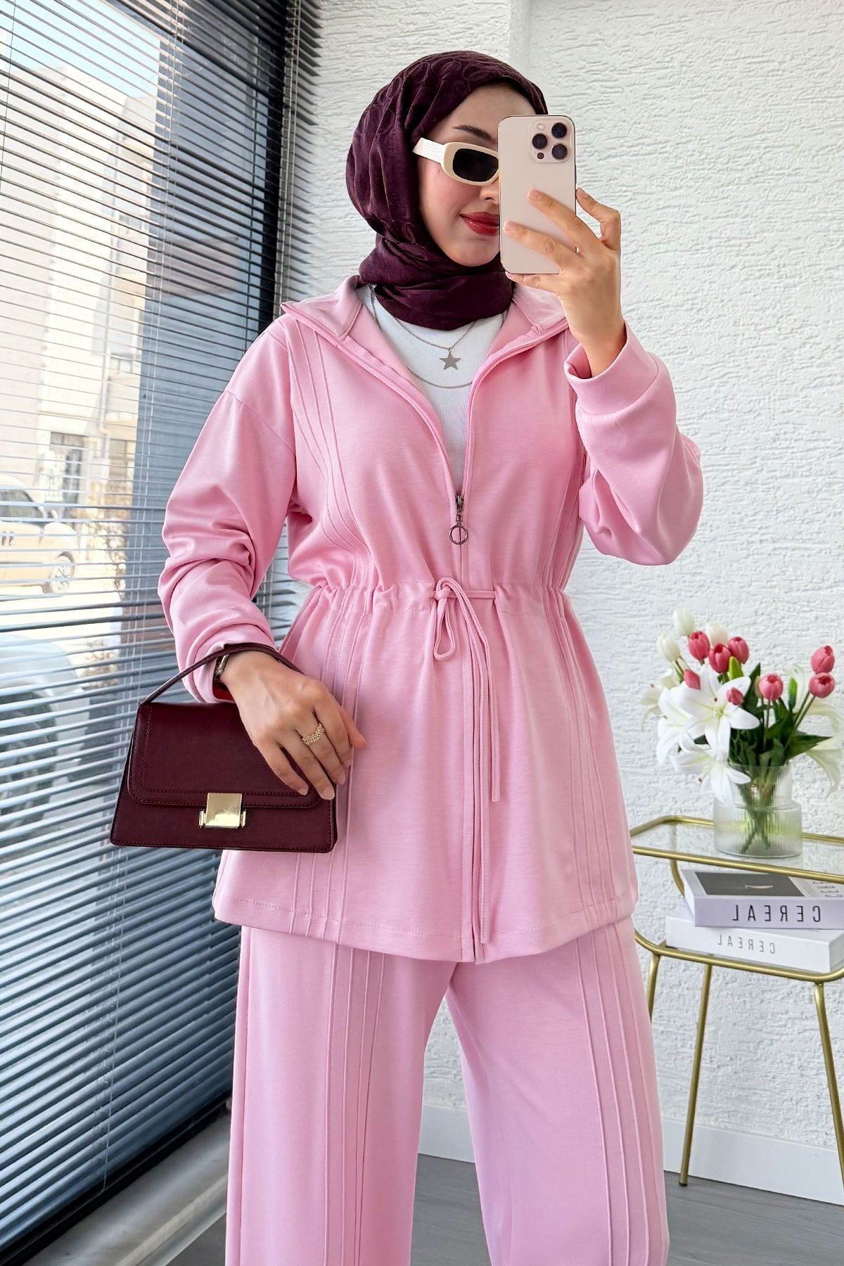 Kadın Premium Bel Büzgülü Nervürlü Detay Double Face Pantolon Takım - Pembe