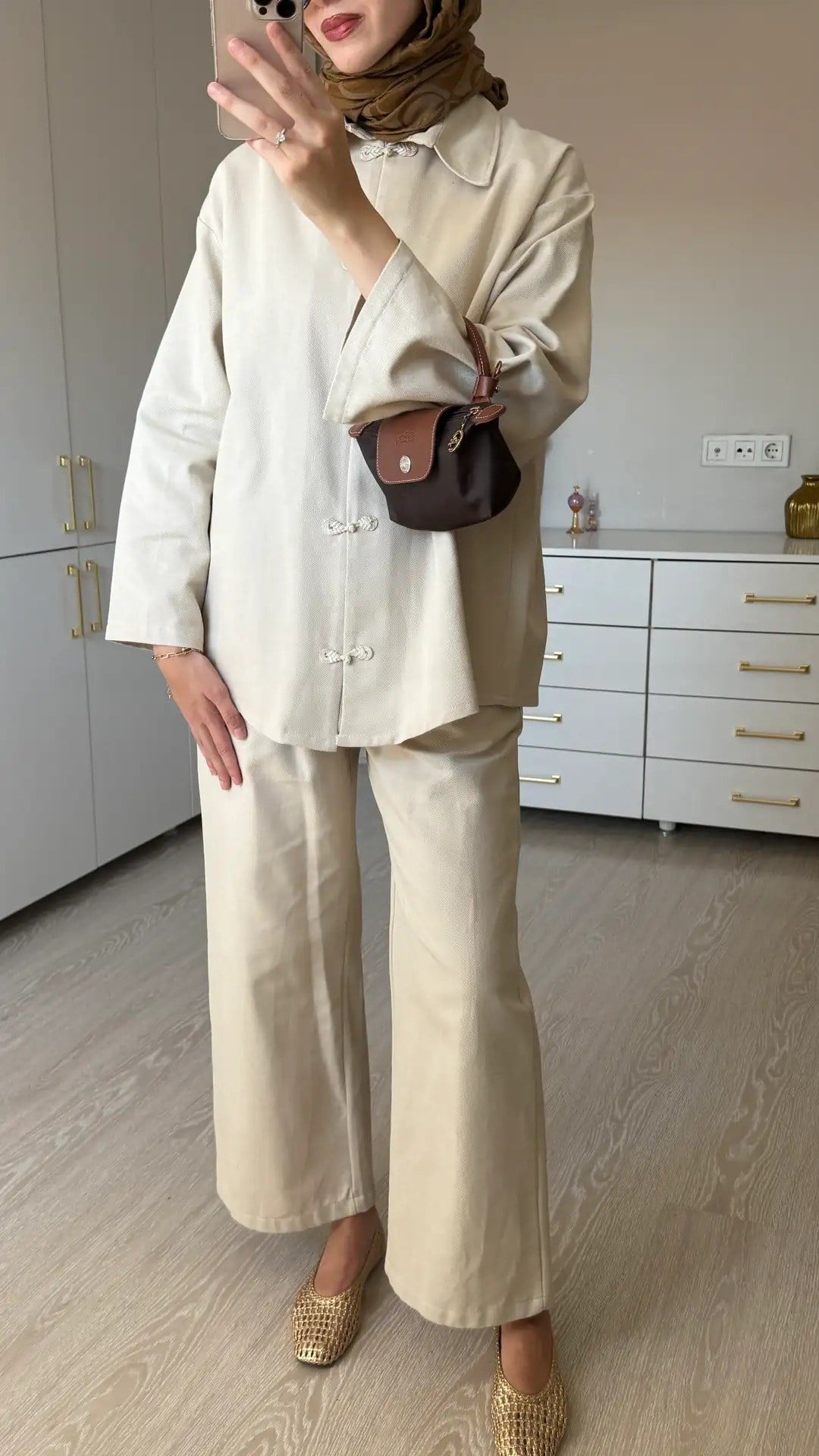 Kadın Premium Düğüm Düğme Detay Gabardin Pantolon Takım M62812 - Bej