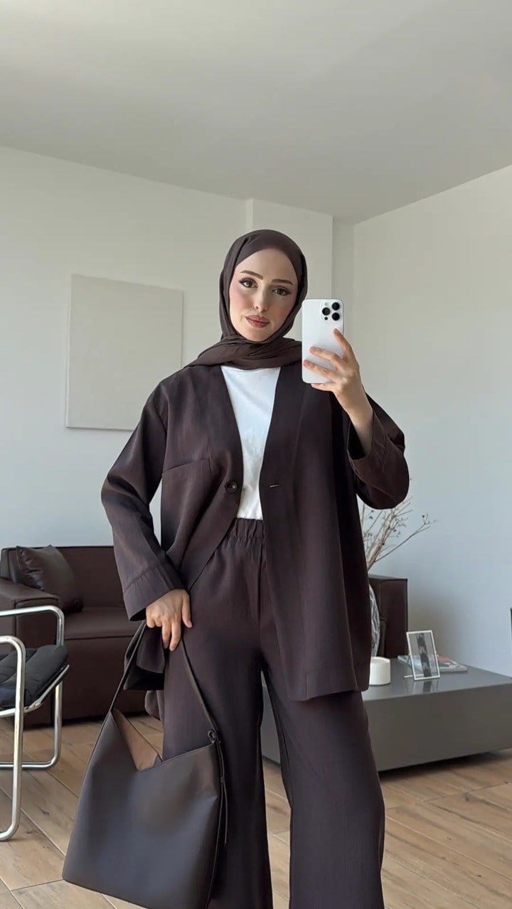 Kadın Tek Düğmeli Pantolon Takım M61886 - Kahverengi