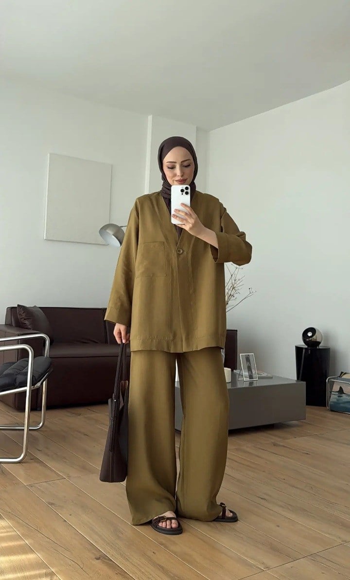 Kadın Tek Düğmeli Pantolon Takım M61886 - Yağ Yeşili