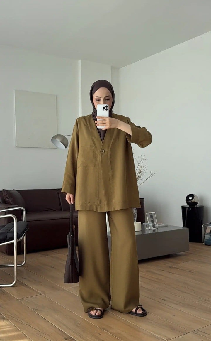 Kadın Tek Düğmeli Pantolon Takım M61886 - Yağ Yeşili