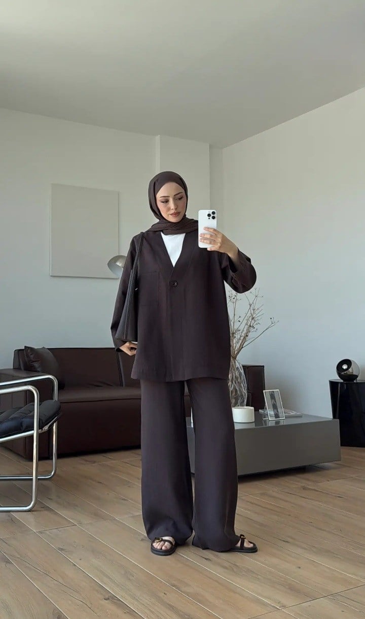 Kadın Tek Düğmeli Pantolon Takım M61886 - Kahverengi