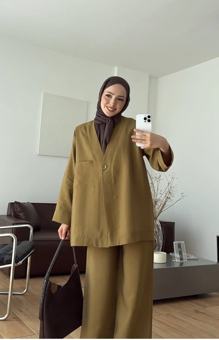 Kadın Tek Düğmeli Pantolon Takım M61886 - Yağ Yeşili