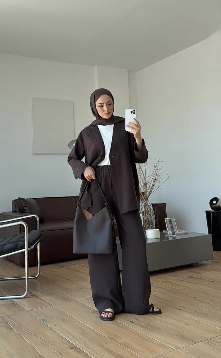 Kadın Tek Düğmeli Pantolon Takım M61886 - Kahverengi