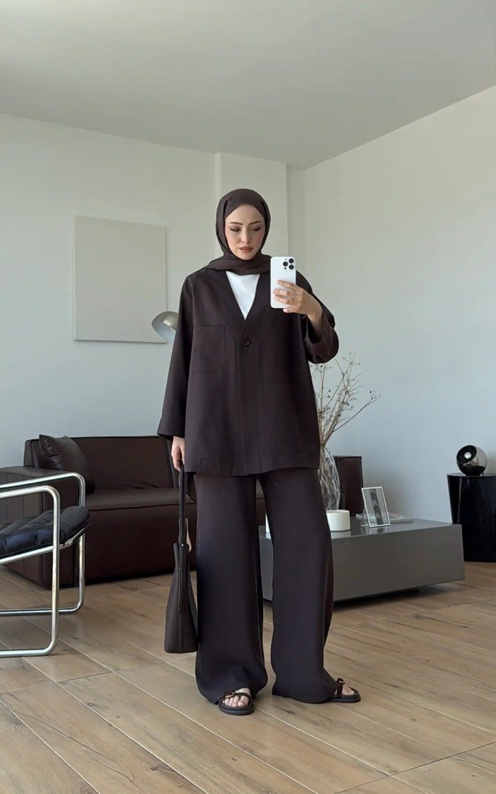 Kadın Tek Düğmeli Pantolon Takım M61886 - Kahverengi