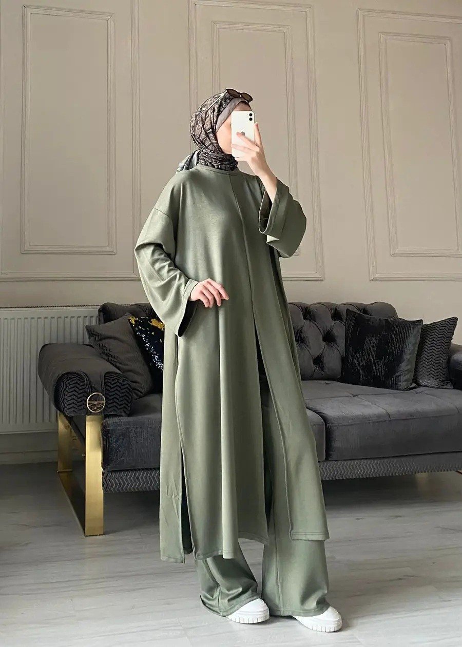 Kadın Yırtmaç Detaylı Uzun Pantolon Takım M62810 - Haki