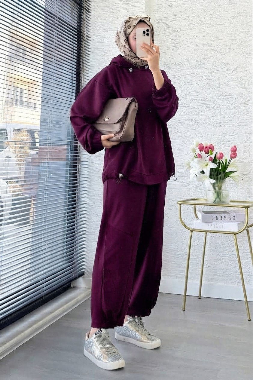 Kapüşonlu Paça Pile Detay Pantolon Takım M26153 - Mürdüm