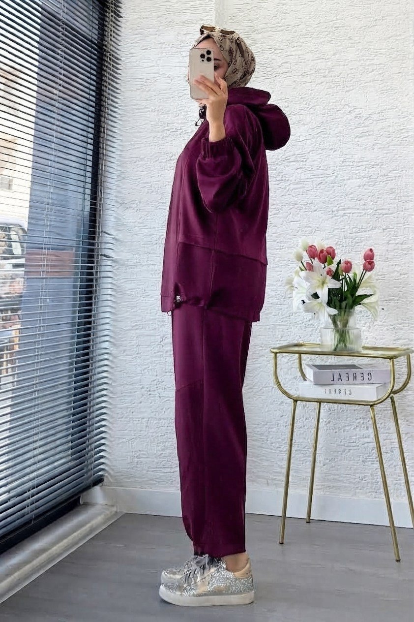 Kapüşonlu Paça Pile Detay Pantolon Takım M26153 - Mürdüm