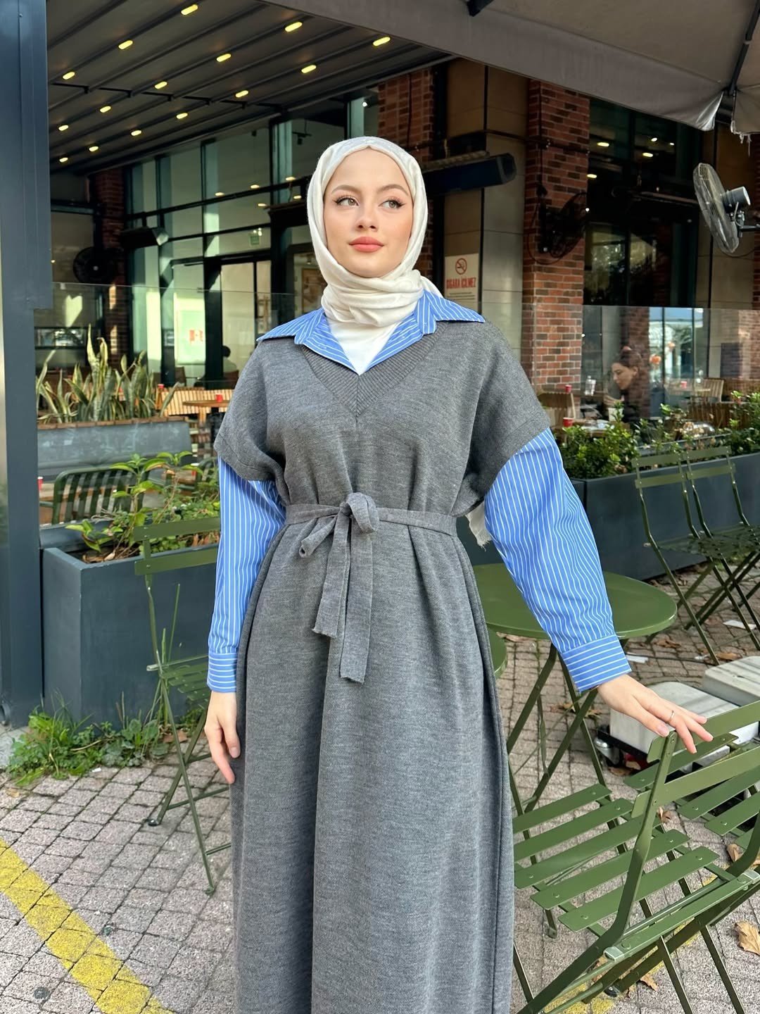 Poplin Detaylı Triko Elbise - Antrasit