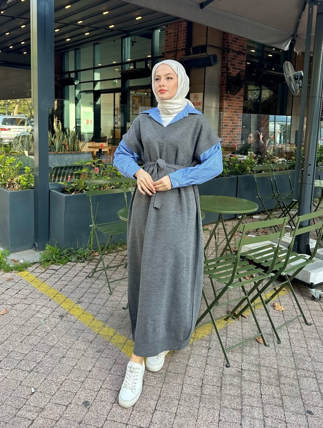 Poplin Detaylı Triko Elbise - Antrasit