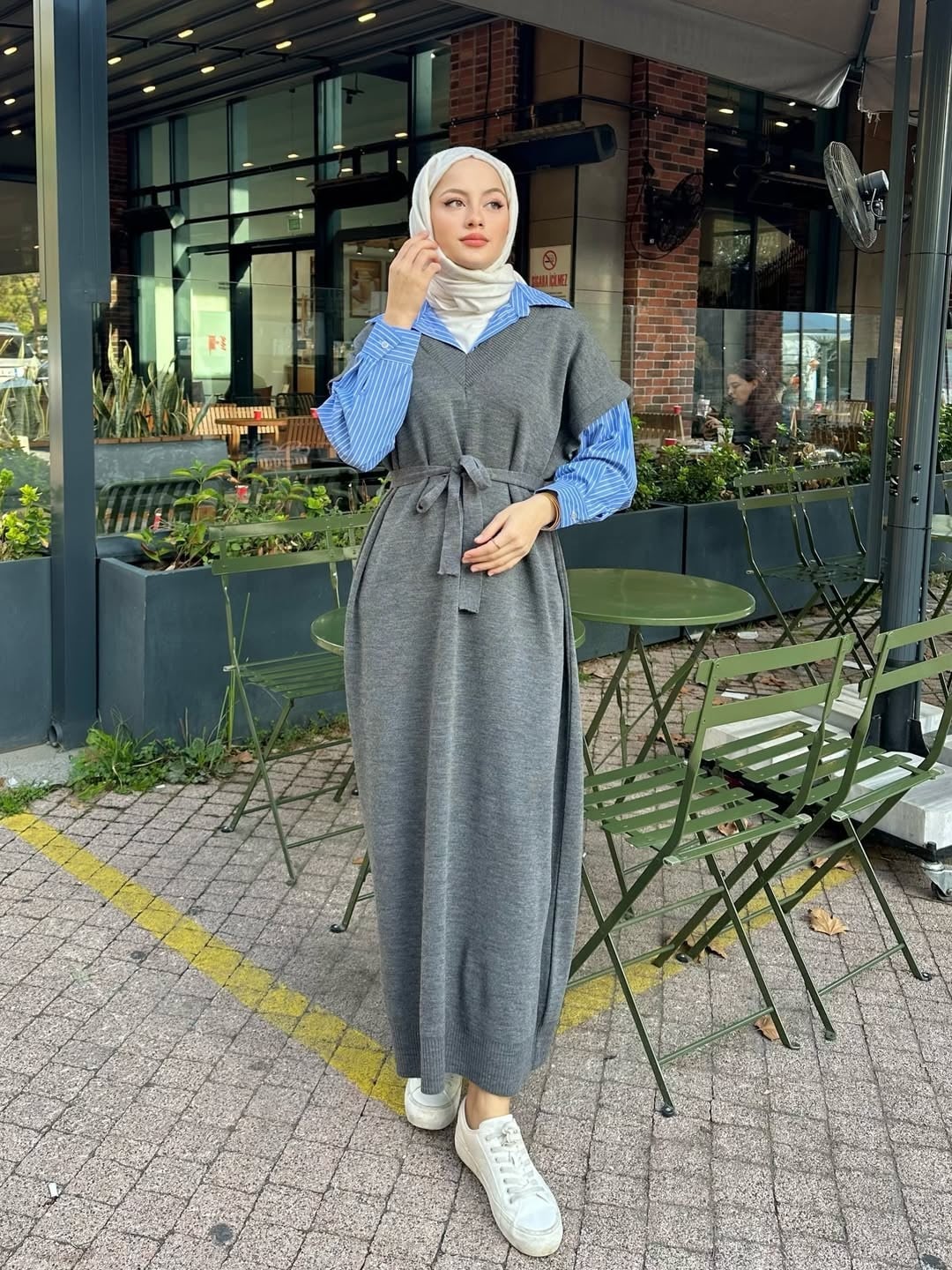 Poplin Detaylı Triko Elbise - Antrasit
