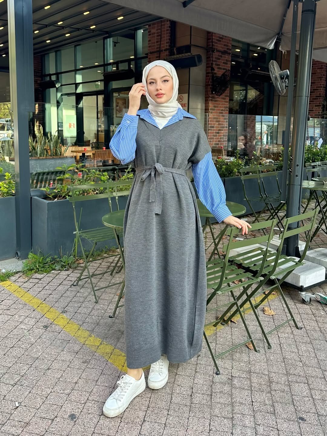 Poplin Detaylı Triko Elbise - Antrasit