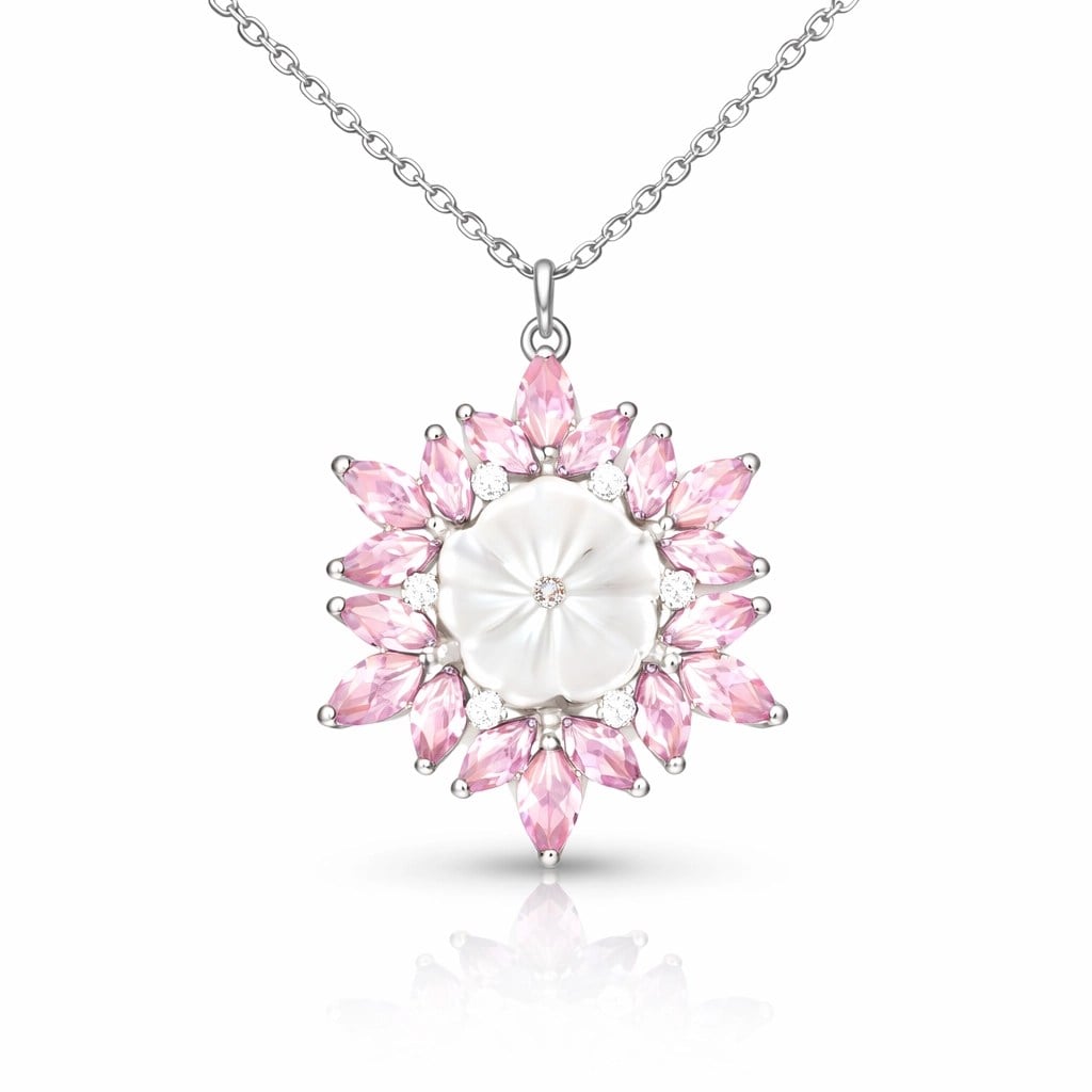 Gümüş Pembe Lotus Desenli Çiçek Kadın Kolye