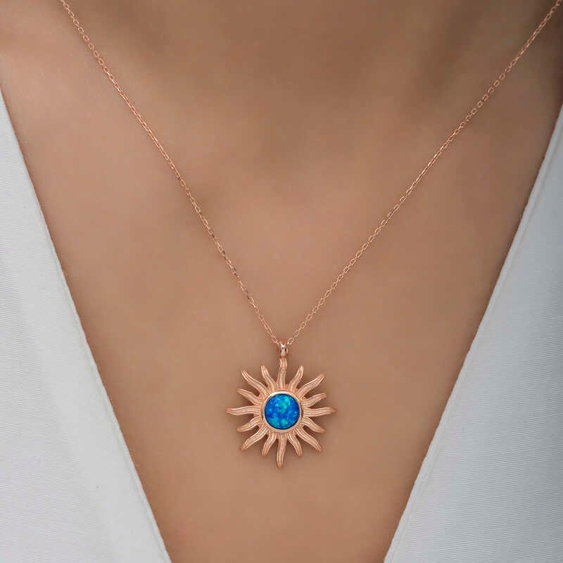 ​Gümüş Rose Mavi Opal Taşlı Güneş Kadın Kolye