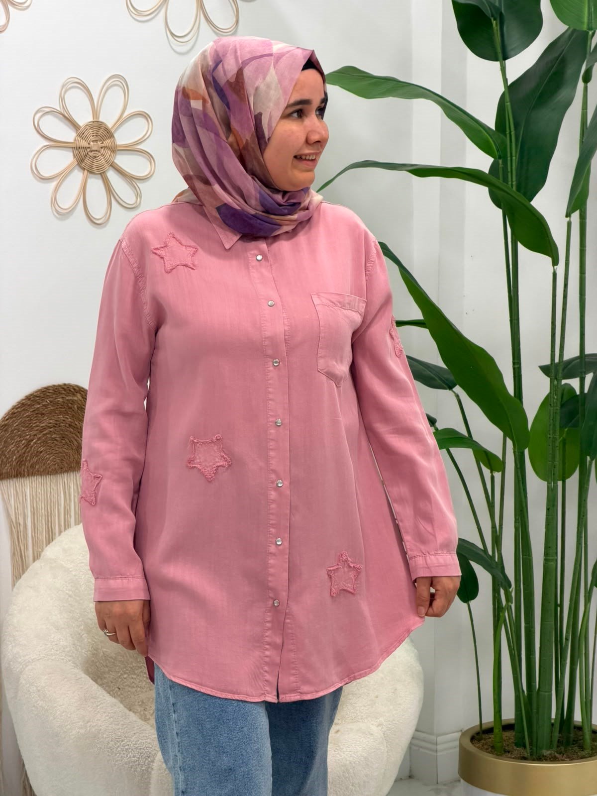  Pembe Büyük Beden Yıldız Tensel Tunik