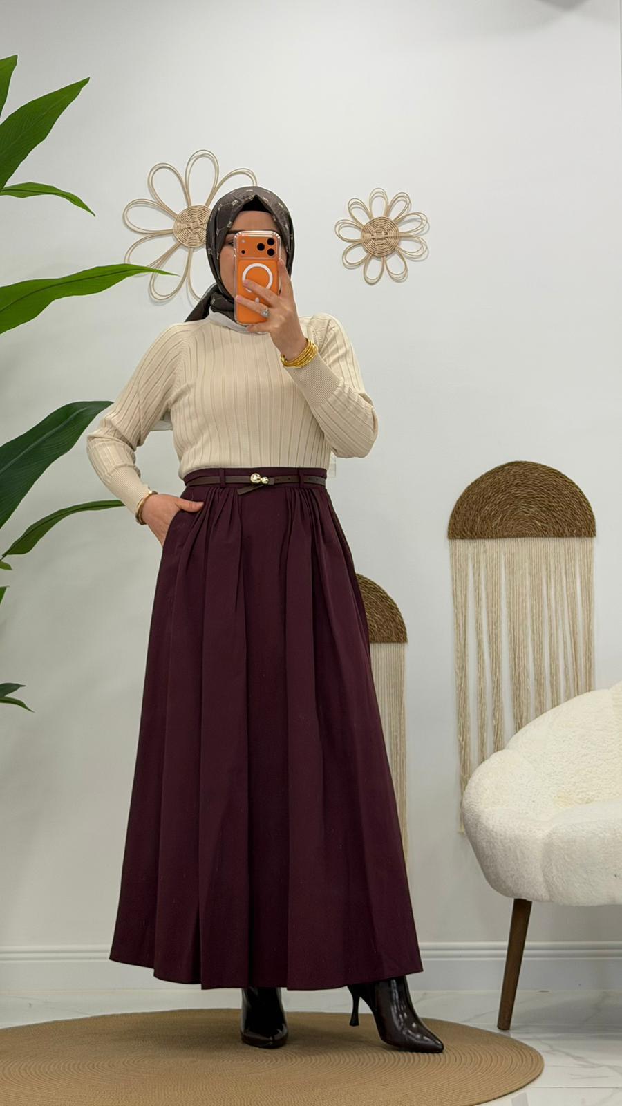 Bordo Beli Kemerli Etek 