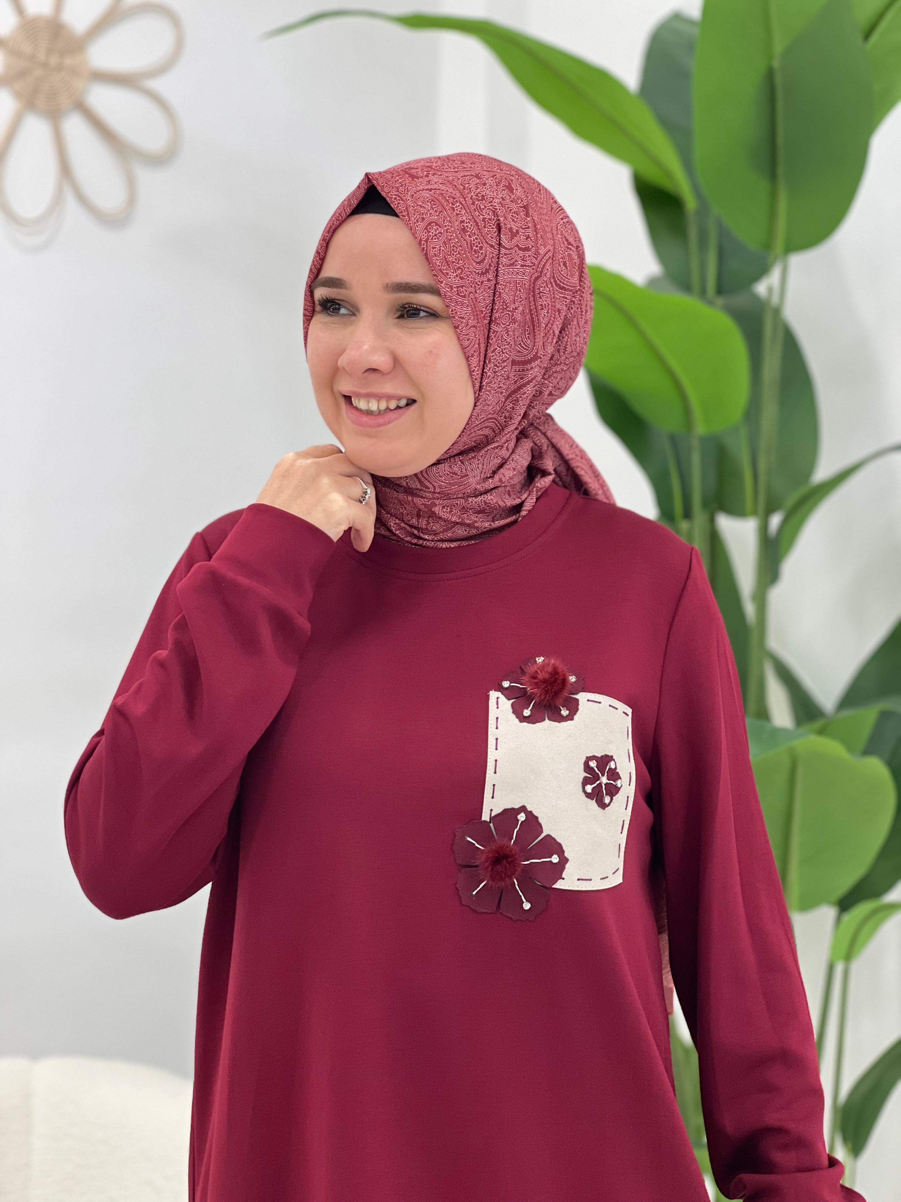 Bordo Çiçek Detaylı Tunik
