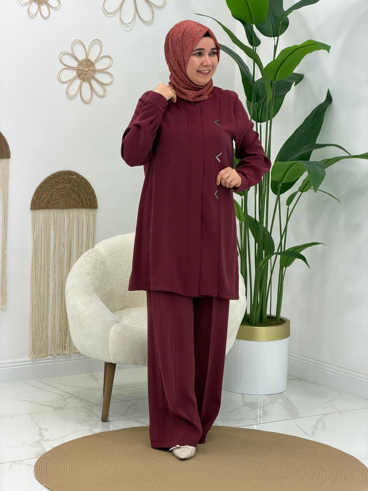 Bordo Fermuarlı Pantolonlu Takım