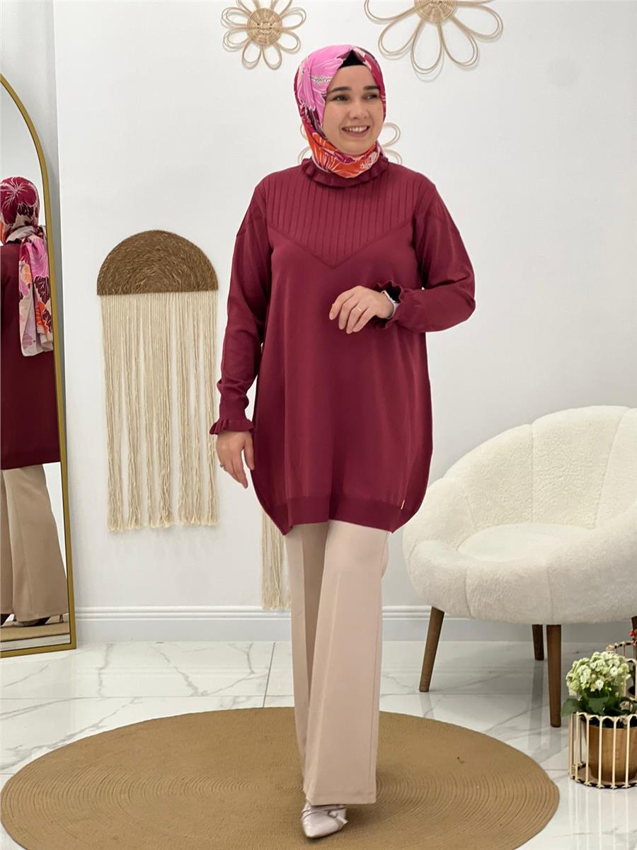 Bordo Fırfırlı Triko Tunik