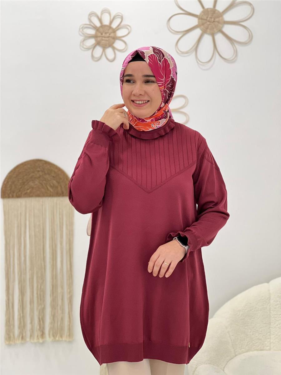 Bordo Fırfırlı Triko Tunik