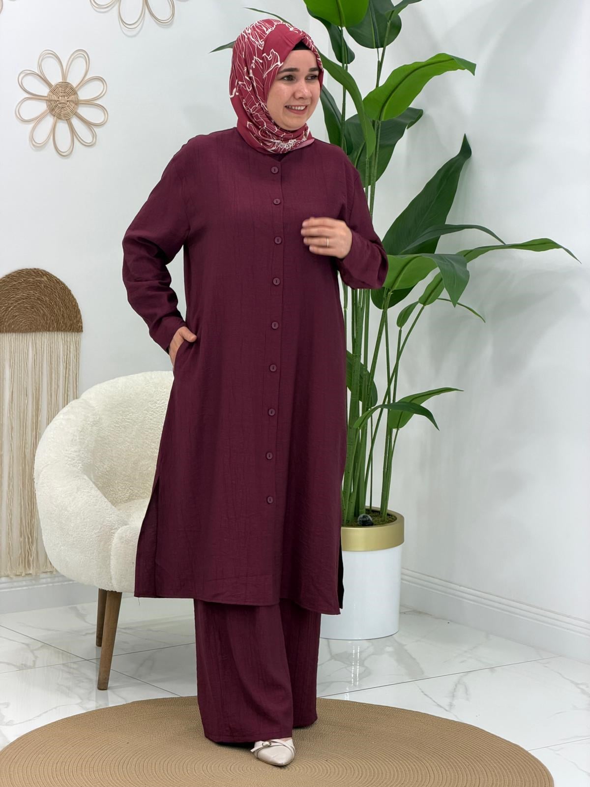 Bordo Lizbon Pantolonlu Takım