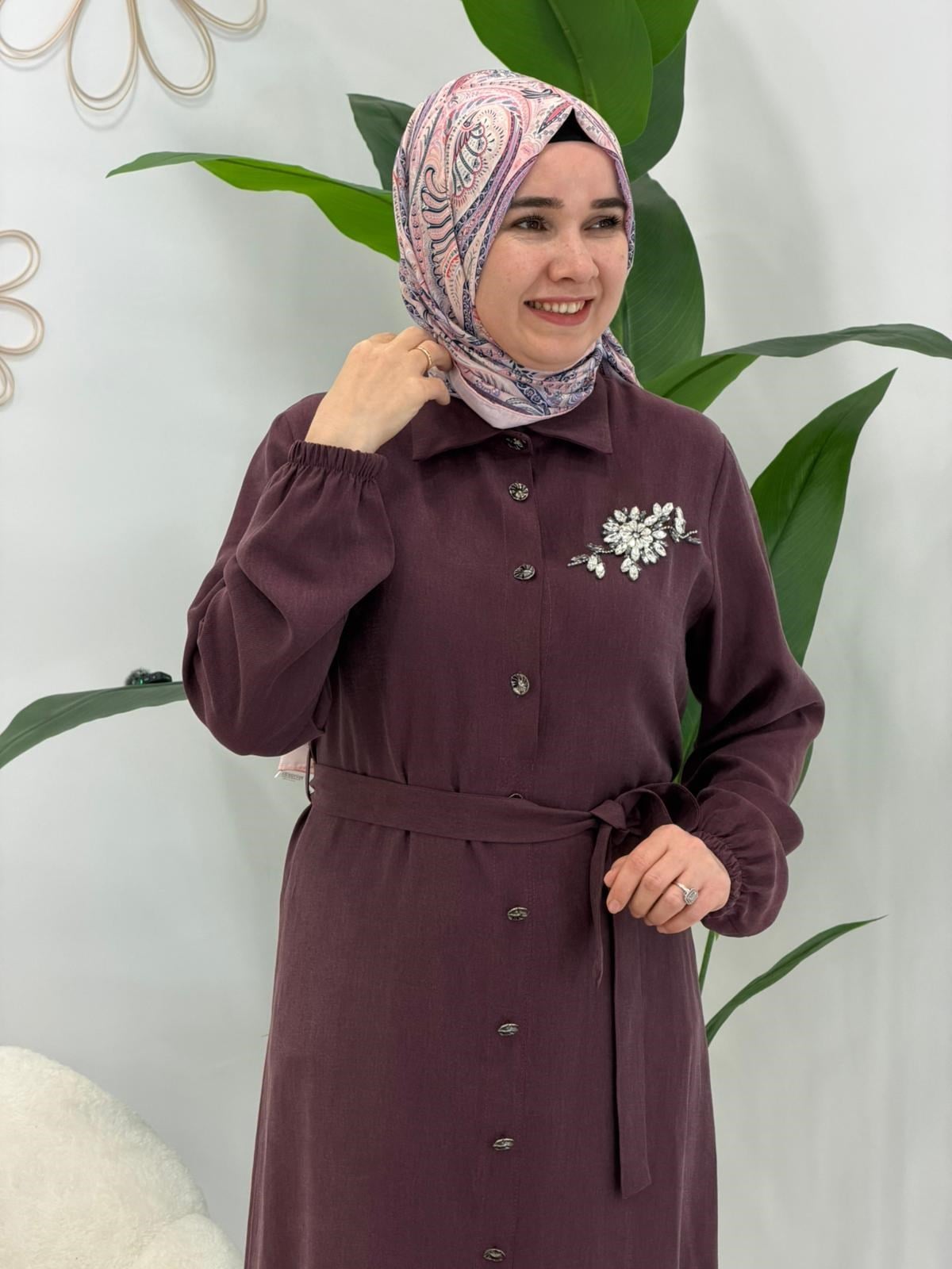Bordo Taşlı Elbise