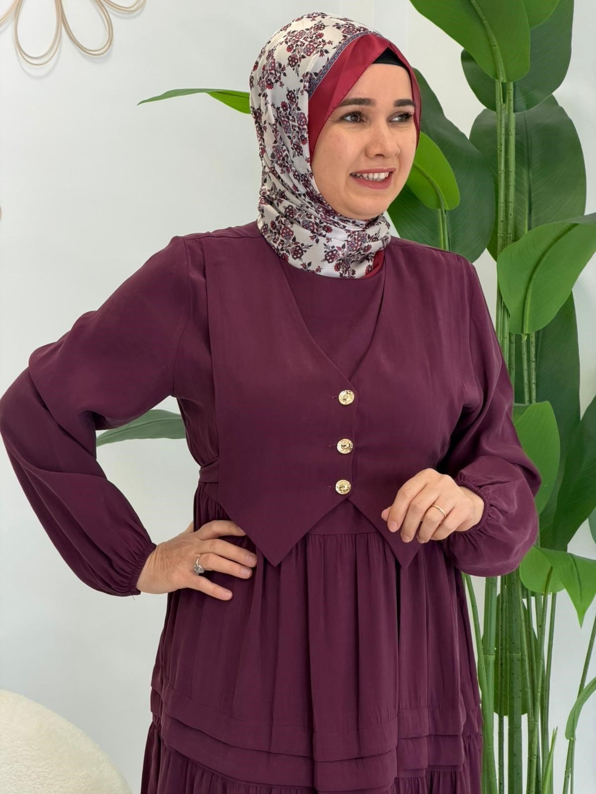 Bordo Yelek Detaylı Elbise