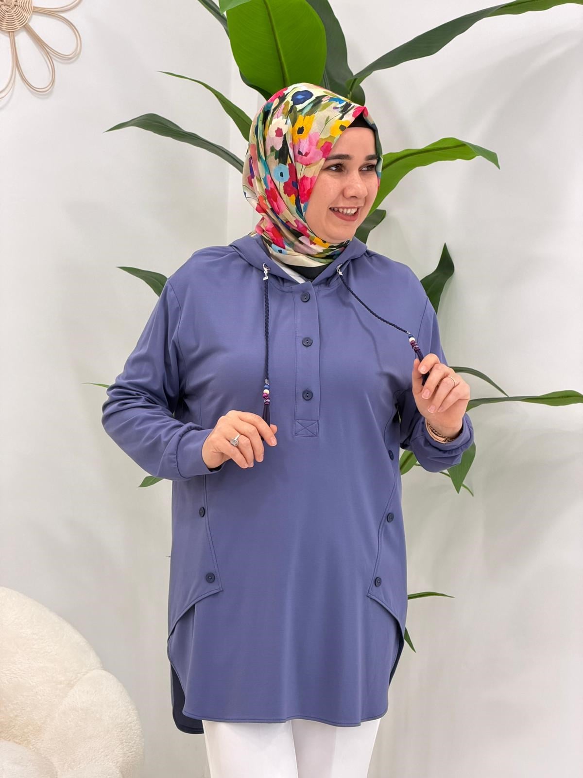 İndigo Kapşonlu Tunik