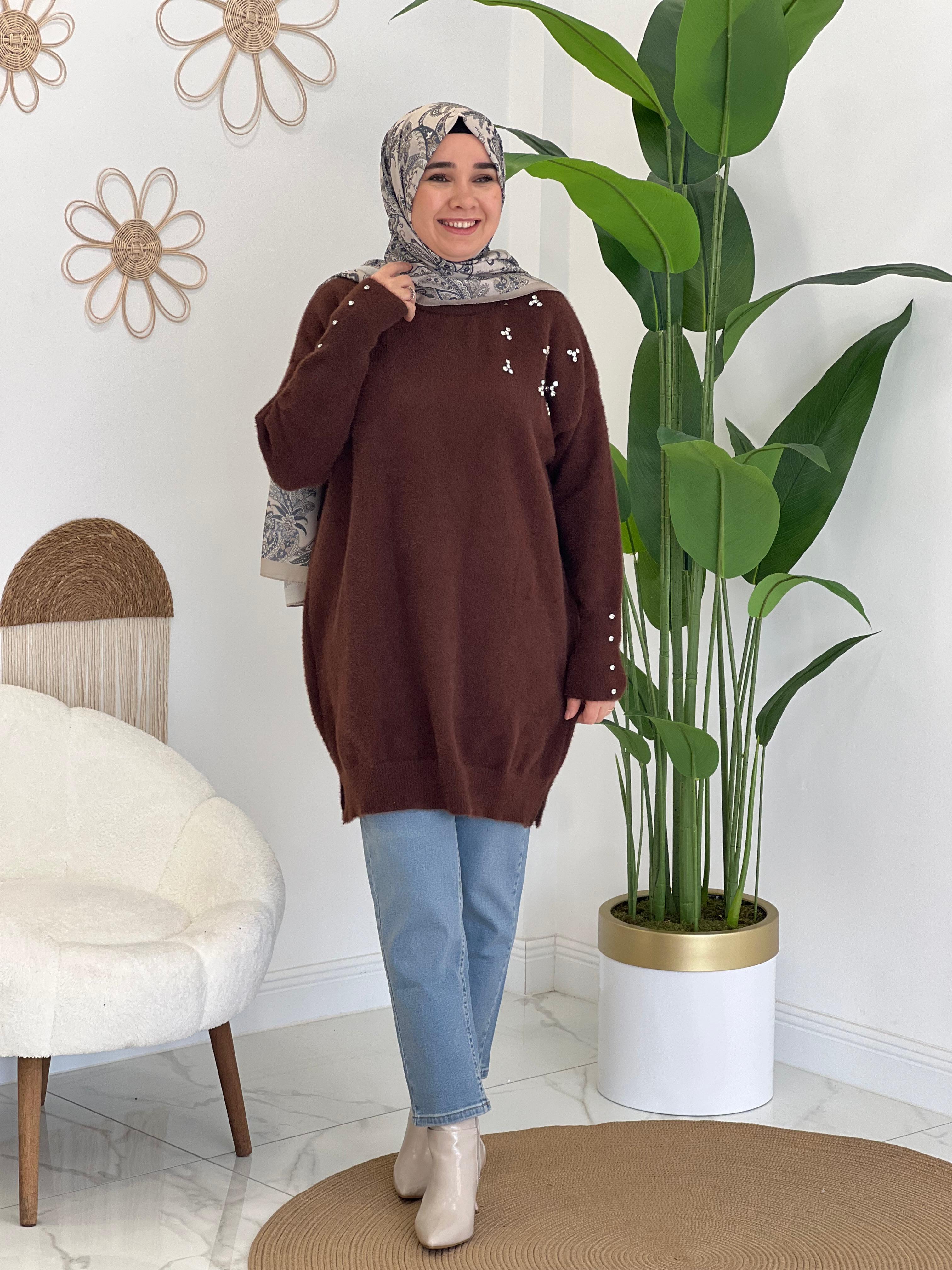 Kahve Angora Taşlı Kazak