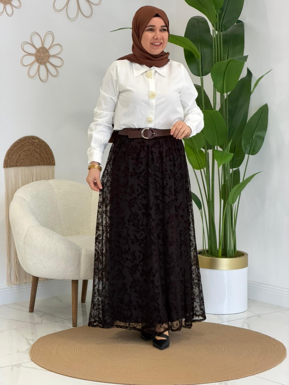 Kahve Dantel Tül Detaylı Etek
