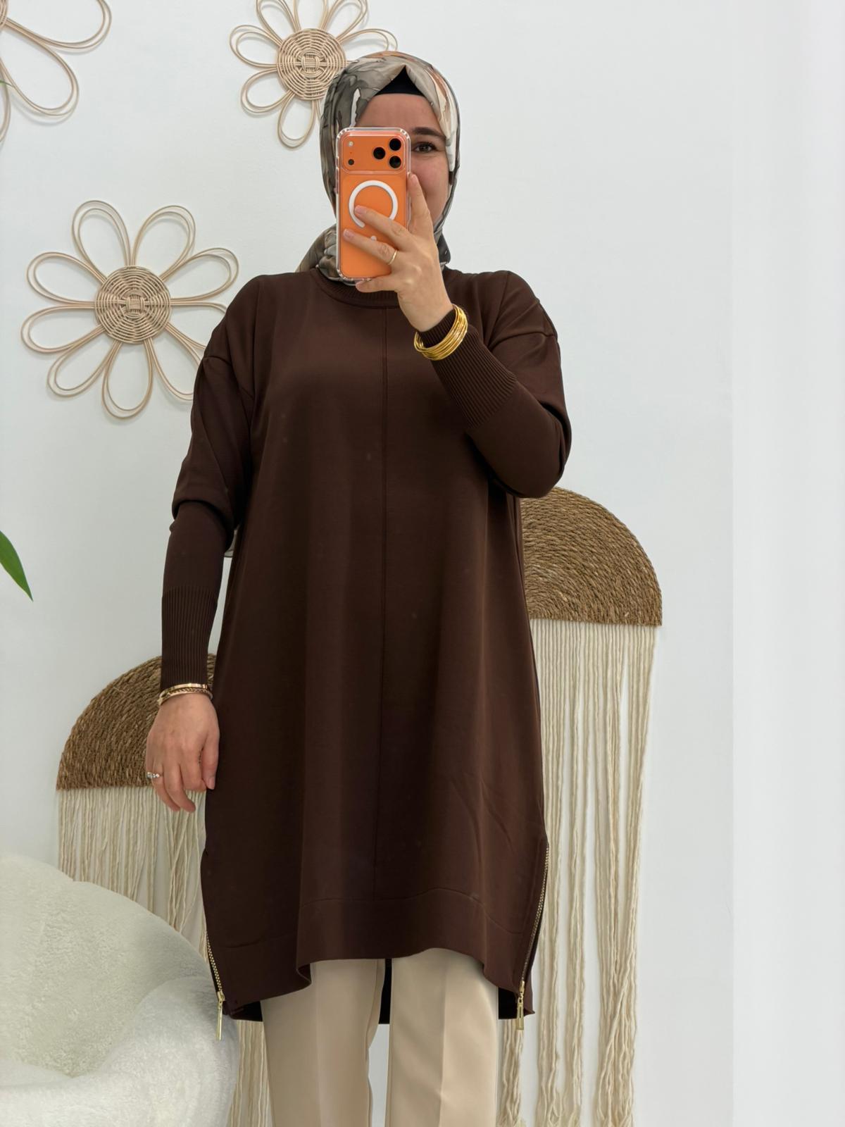 Kahverengi Altı Fermuarlı Triko Tunik