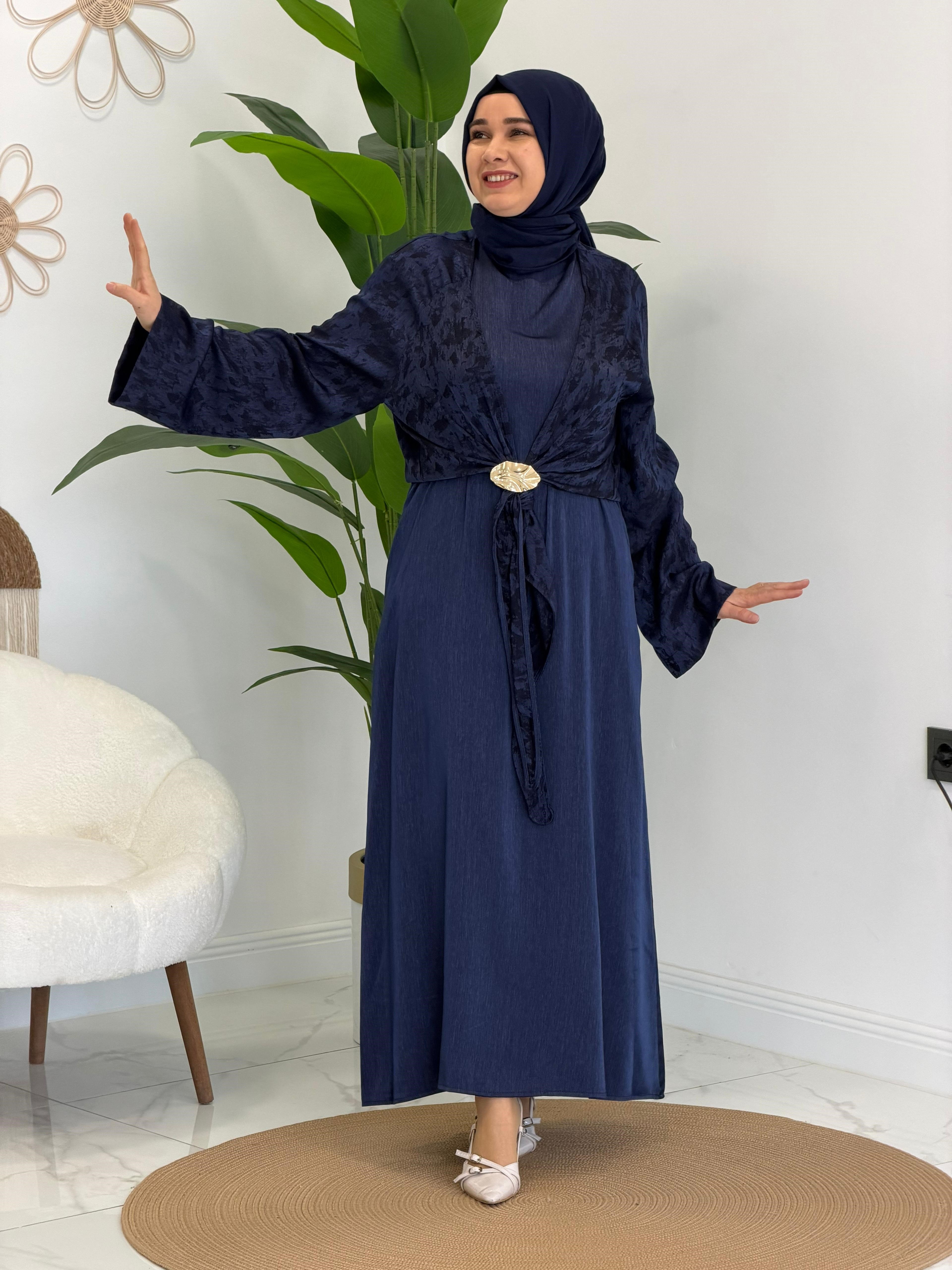Lacivert Jakarlı Elbise